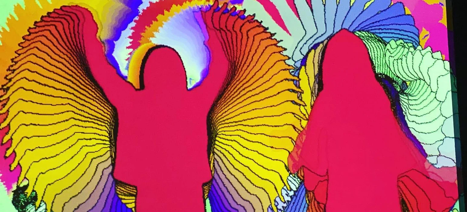 A colorful illustration of two people standing in front of an umbrella.